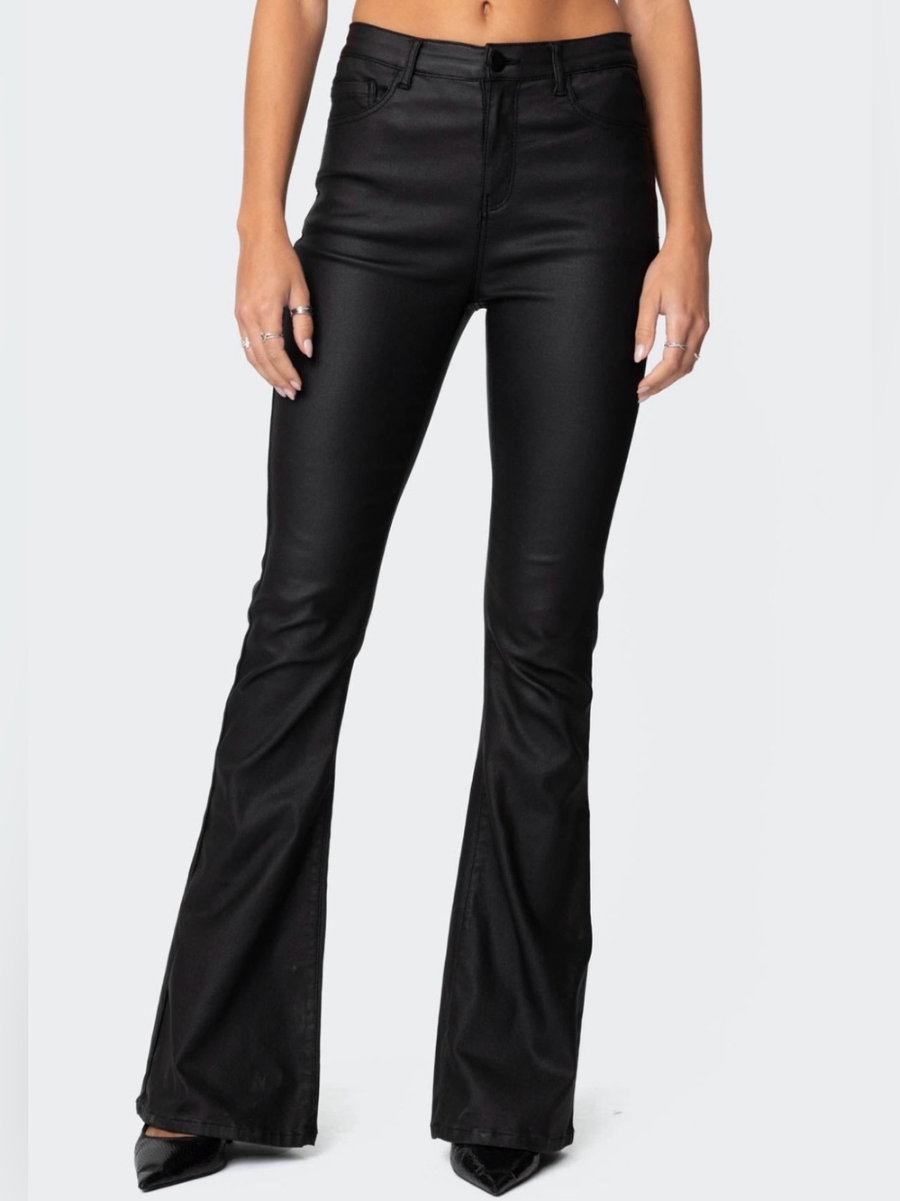 Edikted Black Faux Leather Flare Pants M Y2K Moto Baddie Mid Rise